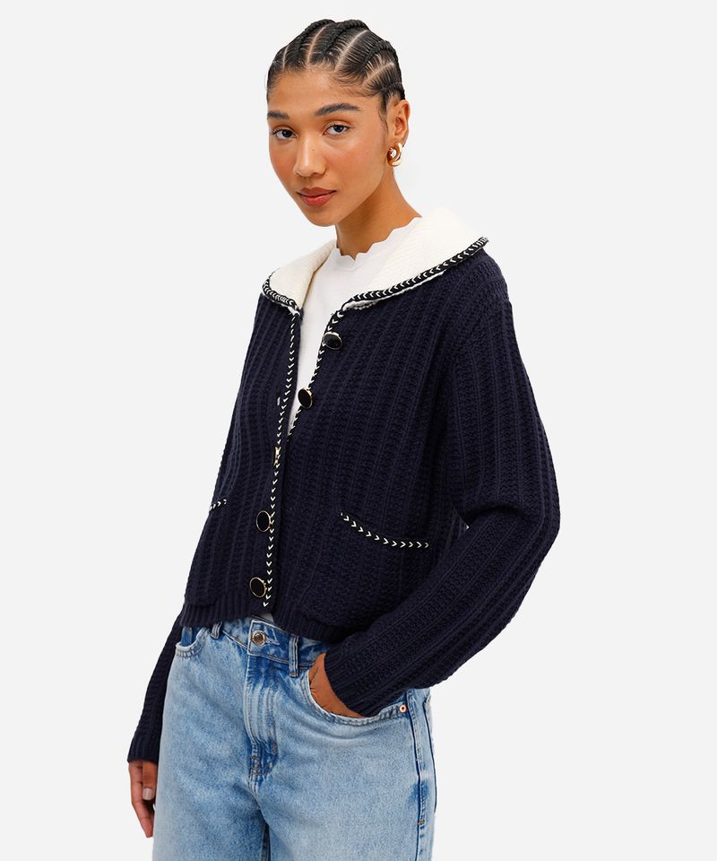 cardigan feminino de tricot com bolsos azul