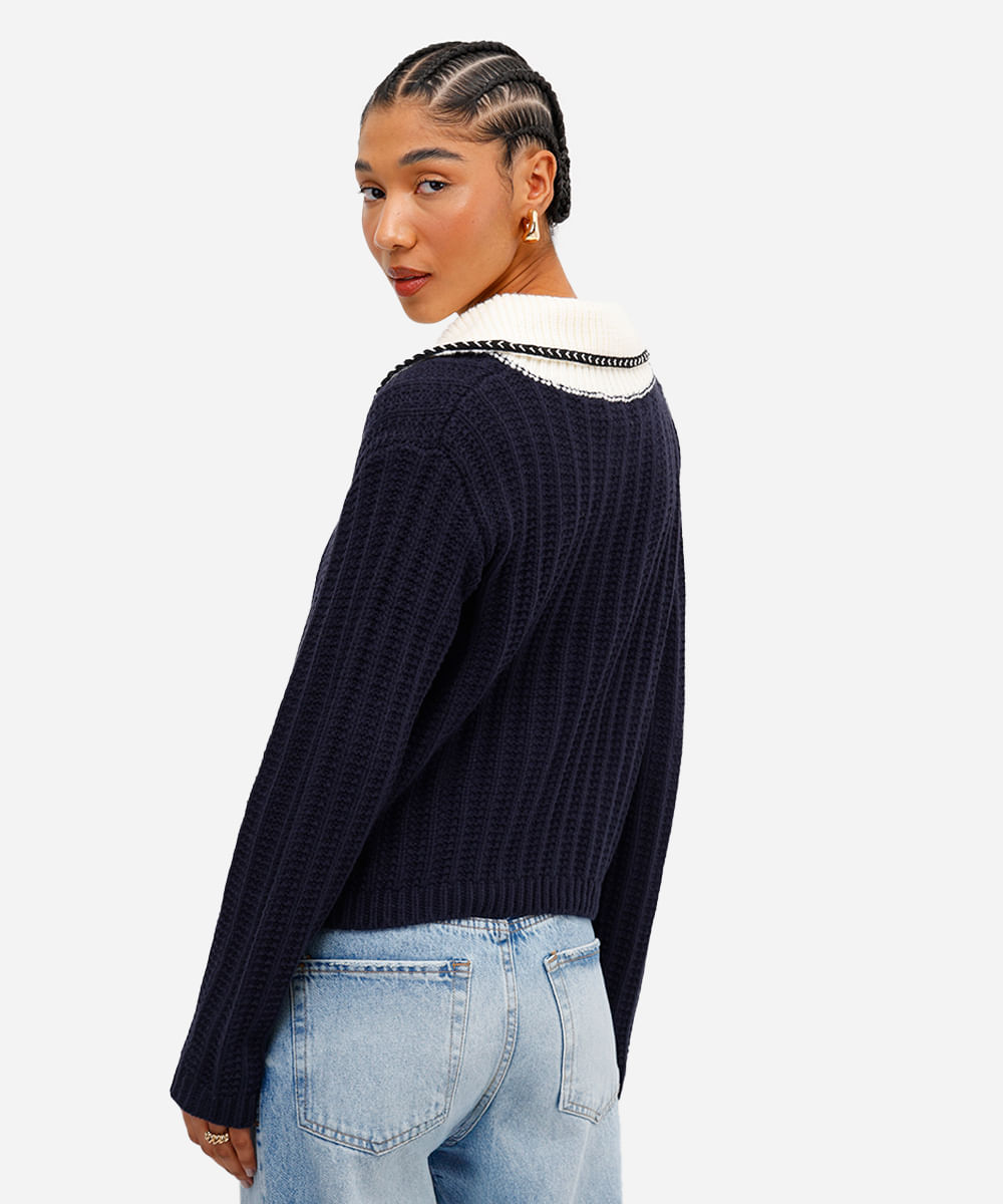 cardigan feminino de tricot com bolsos azul