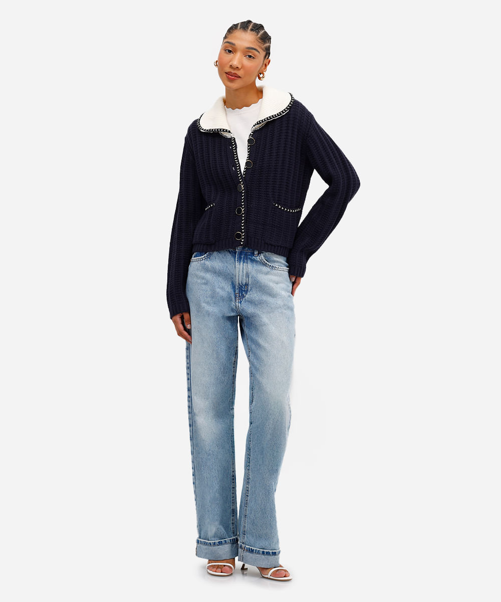 cardigan feminino de tricot com bolsos azul