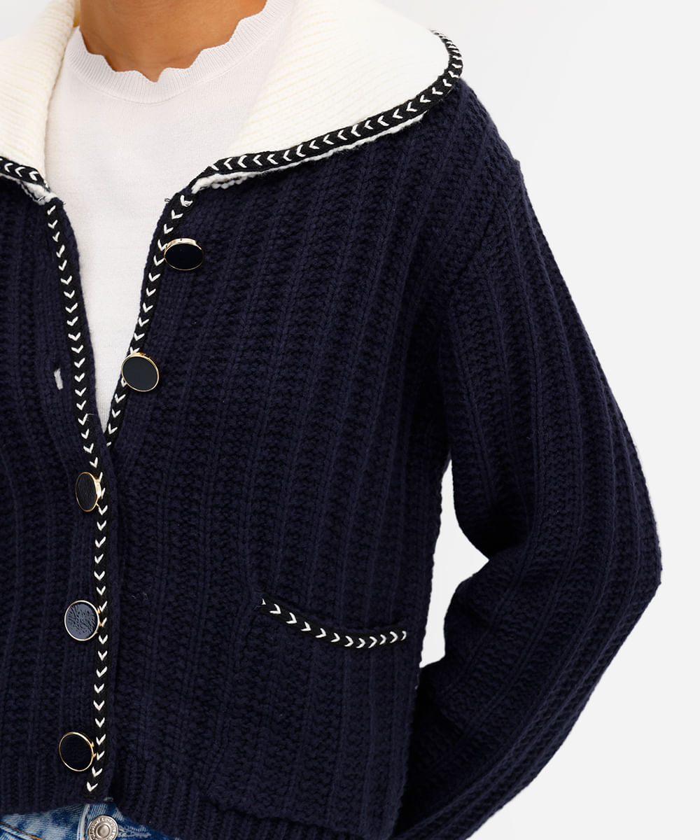 cardigan feminino de tricot com bolsos azul