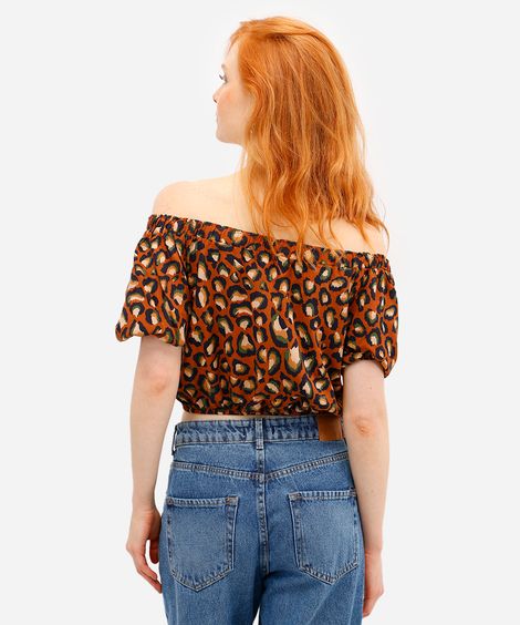 blusa ombro a ombro feminina de viscose animal print marrom