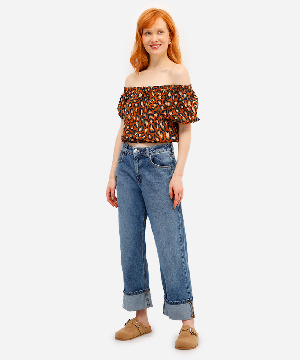 blusa ombro a ombro feminina de viscose animal print marrom