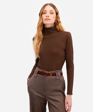 blusa feminina de malha canelada manga longa gola alta marrom