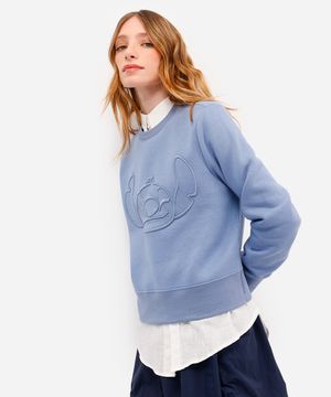 blusão feminino de moletom felpado cropped stitch azul