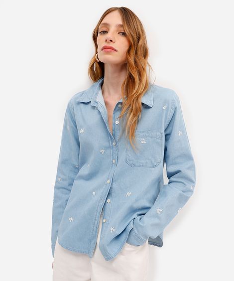 camisa feminina jeans bordado floral azul