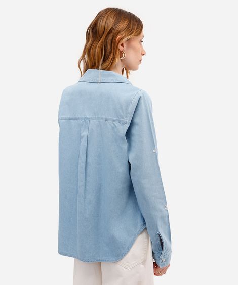 camisa feminina jeans bordado floral azul