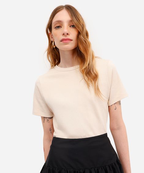camiseta baby look feminina de algodão básica bege