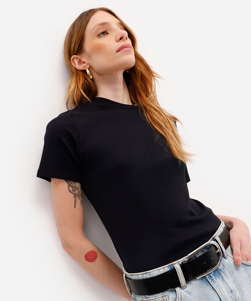 camiseta baby look feminina de algodão básica preta