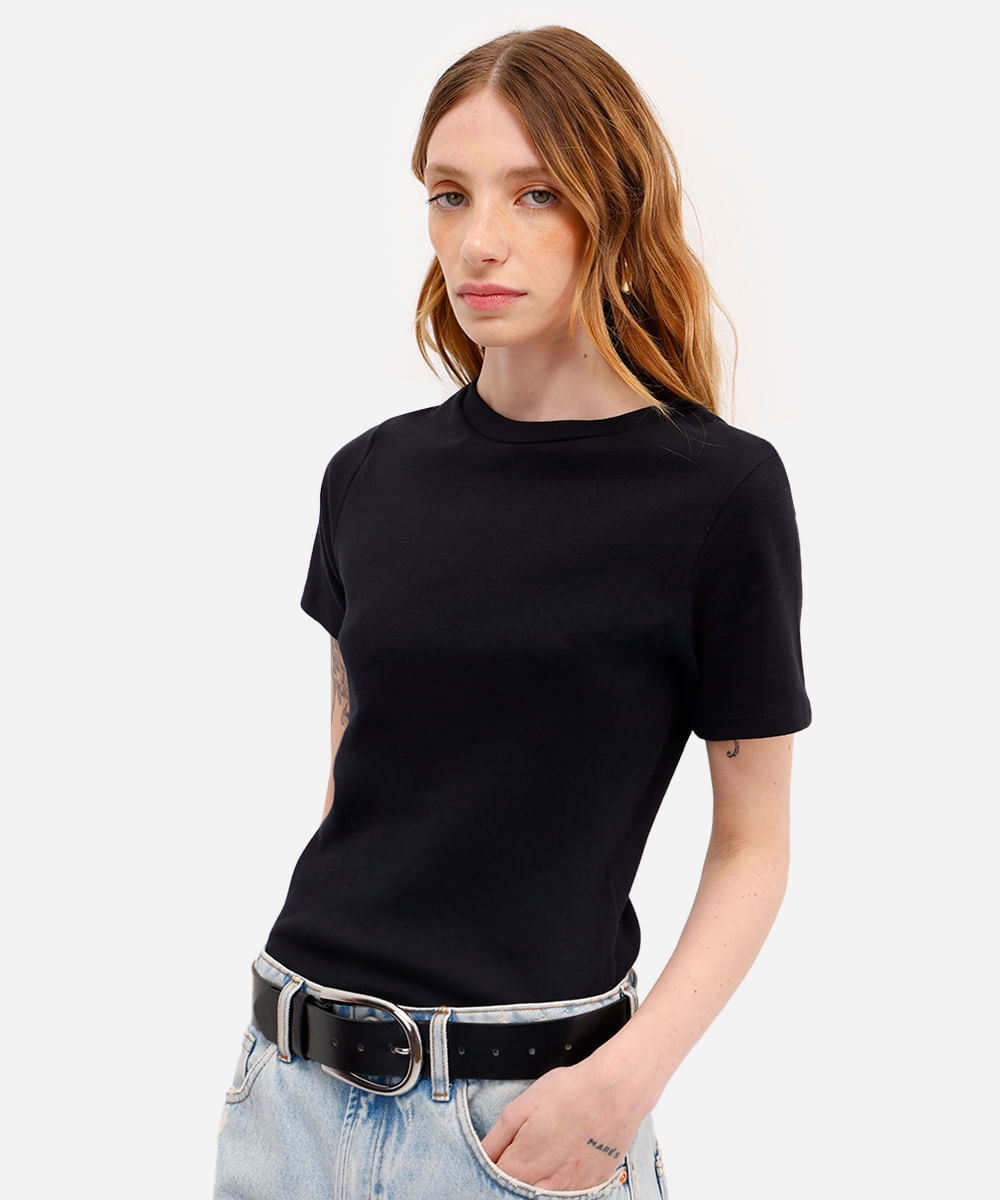 camiseta baby look feminina de algodão básica preta