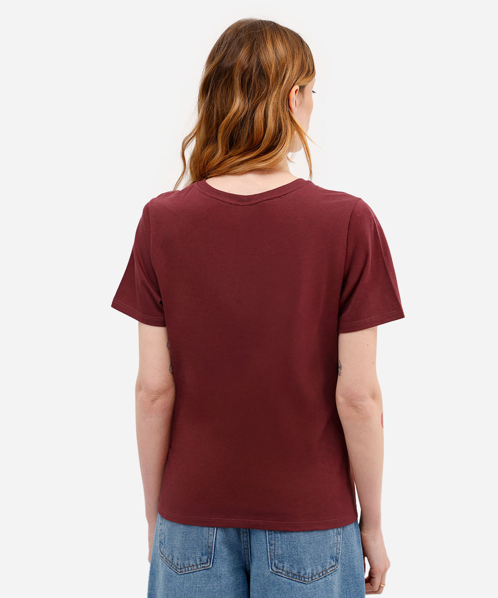 camiseta feminina de algodão folhagens metalizada vinho