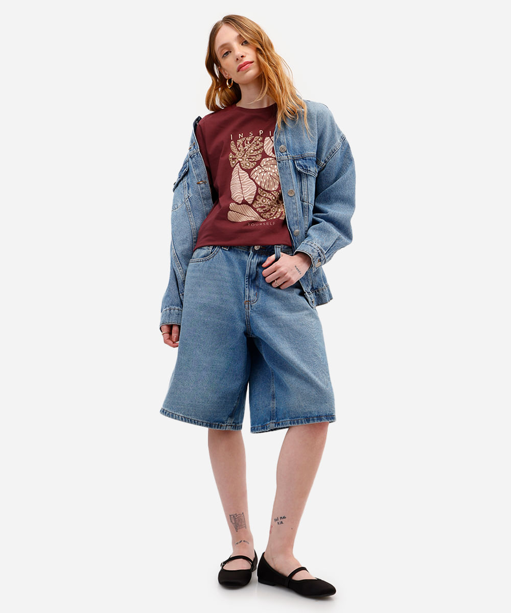 camiseta feminina de algodão folhagens metalizada vinho