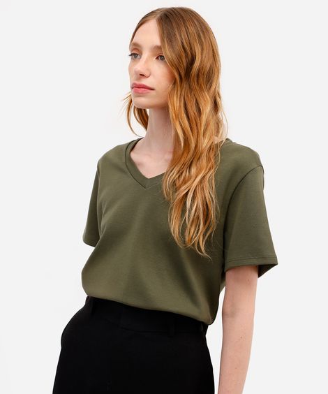 camiseta básica feminina de algodão decote v verde