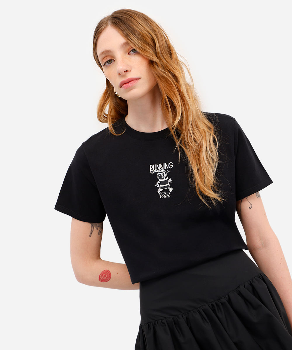 camiseta feminina de algodão running club preta