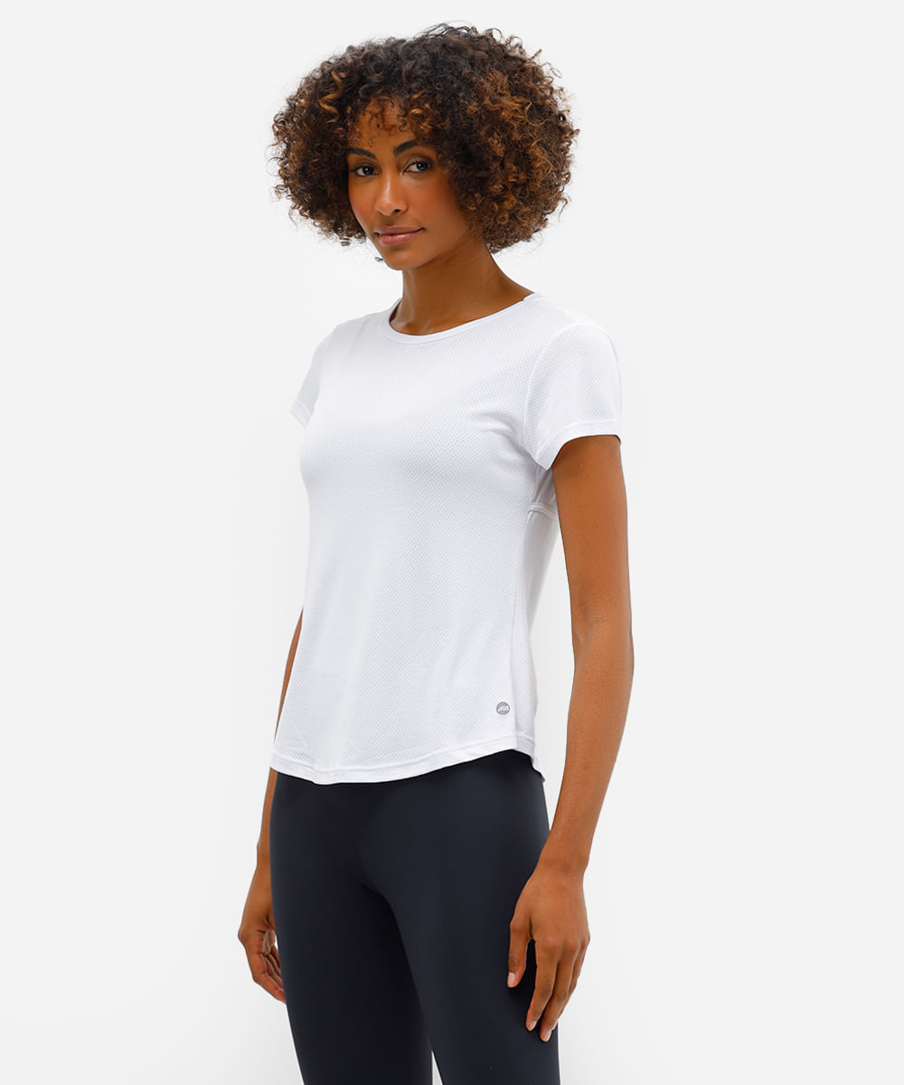 camiseta feminina esportiva de poliamida com recorte texturizada branca
