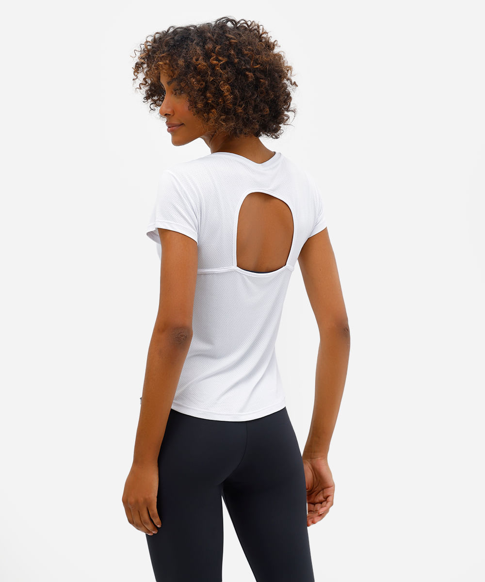camiseta feminina esportiva de poliamida com recorte texturizada branca