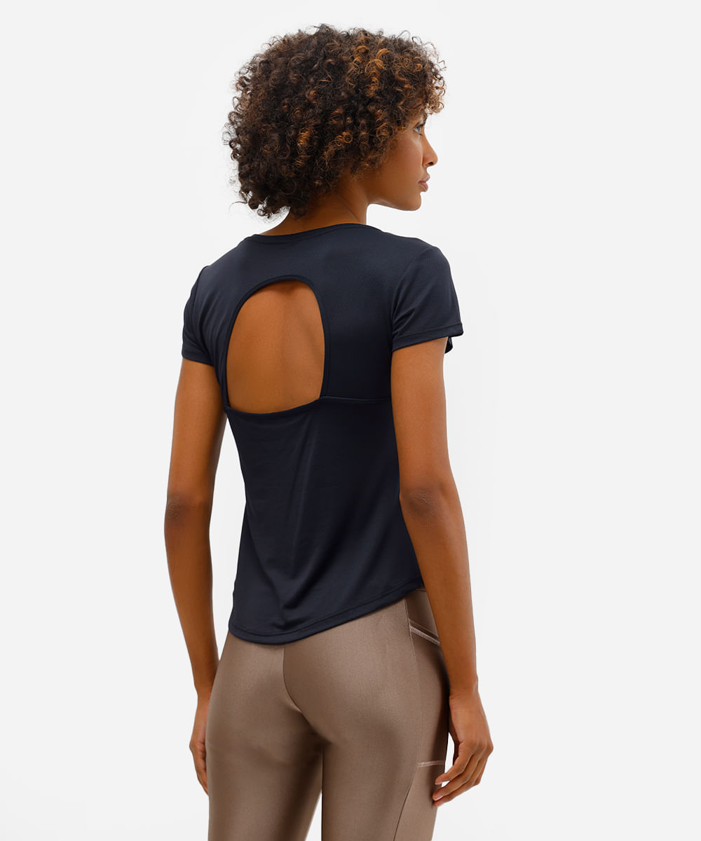 camiseta feminina esportiva de poliamida com recorte texturizada preta