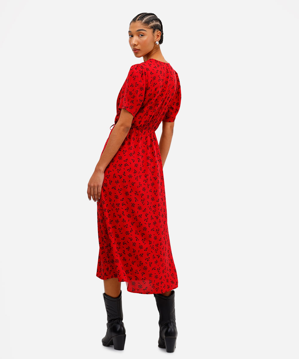 vestido midi de viscose com fenda floral vermelho
