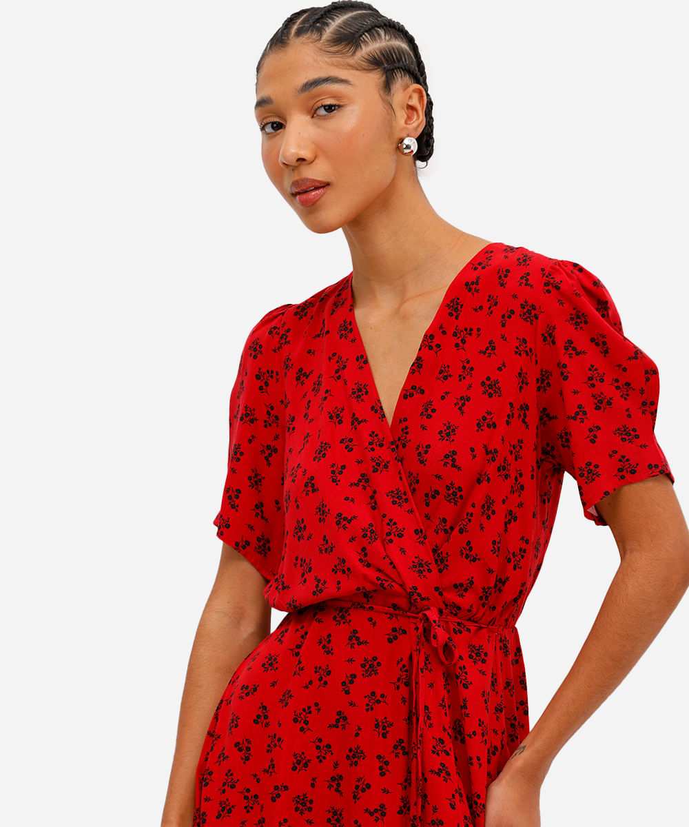 vestido midi de viscose com fenda floral vermelho