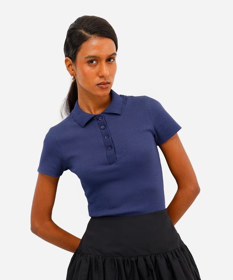 polo básica feminina de algodão manga curta canelada azul