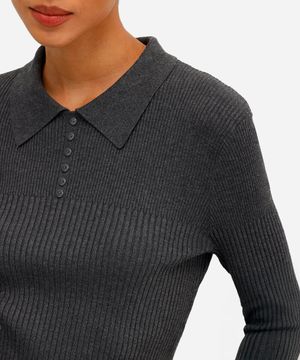 suéter polo feminino de tricot canelado cinza
