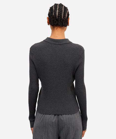 suéter polo feminino de tricot canelado cinza