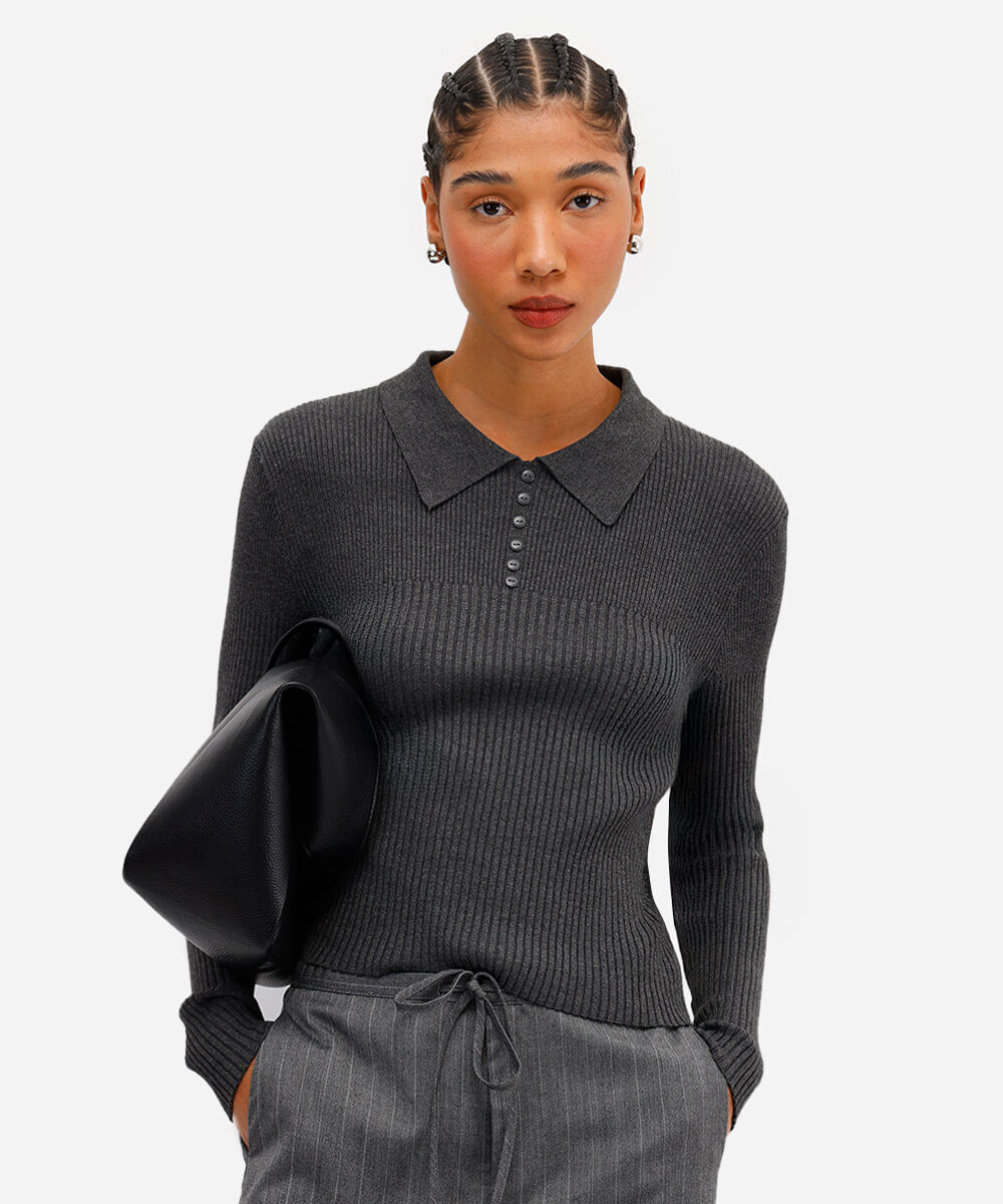 suéter polo feminino de tricot canelado cinza