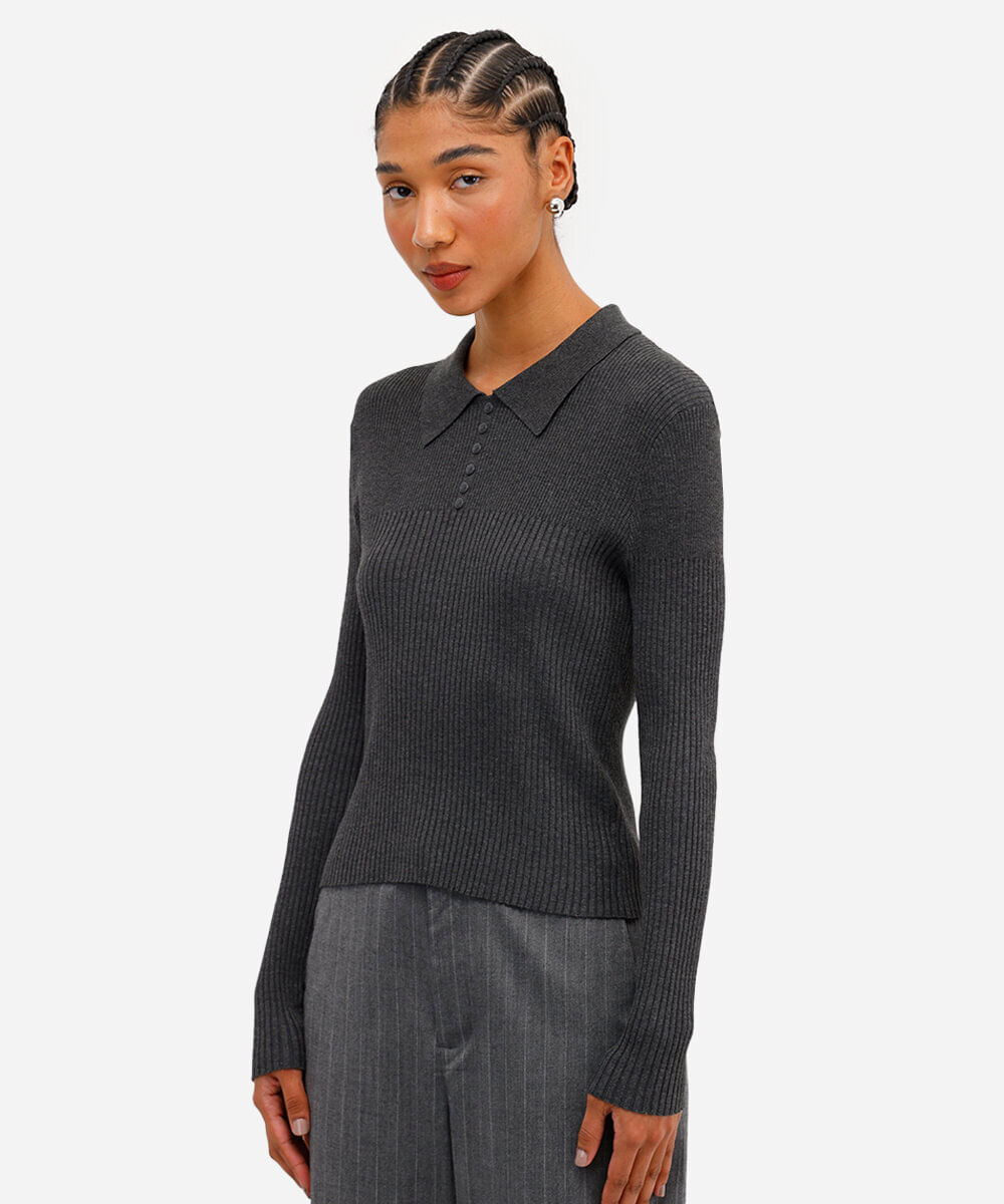 suéter polo feminino de tricot canelado cinza