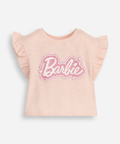 blusa infantil de algodão barbie com glitter rosa