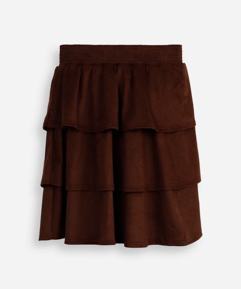 saia curta juvenil de suede com babados marrom