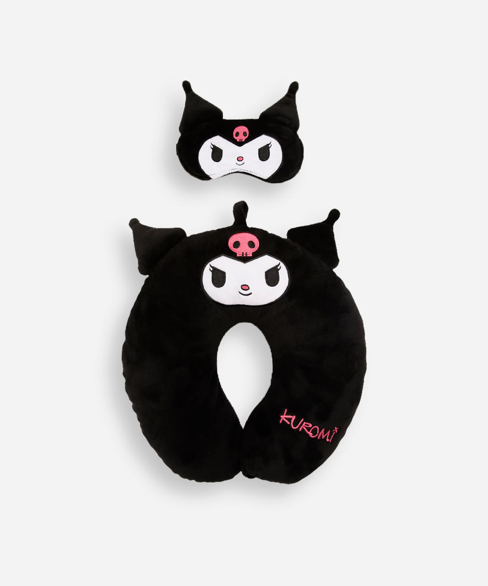 apoio de pescoço com máscara de dormir kuromi preto