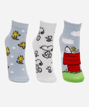 kit de 3 meias femininas cano médio snoopy colorida