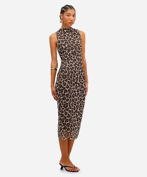 vestido midi feminino de tule animal print franzido bege