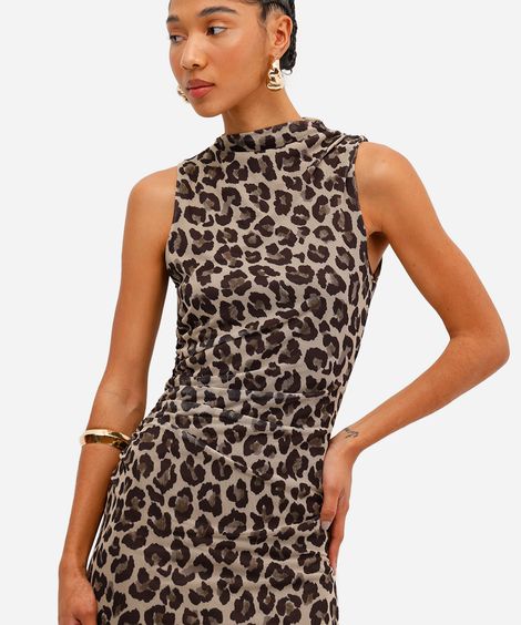 vestido midi feminino de tule animal print franzido bege