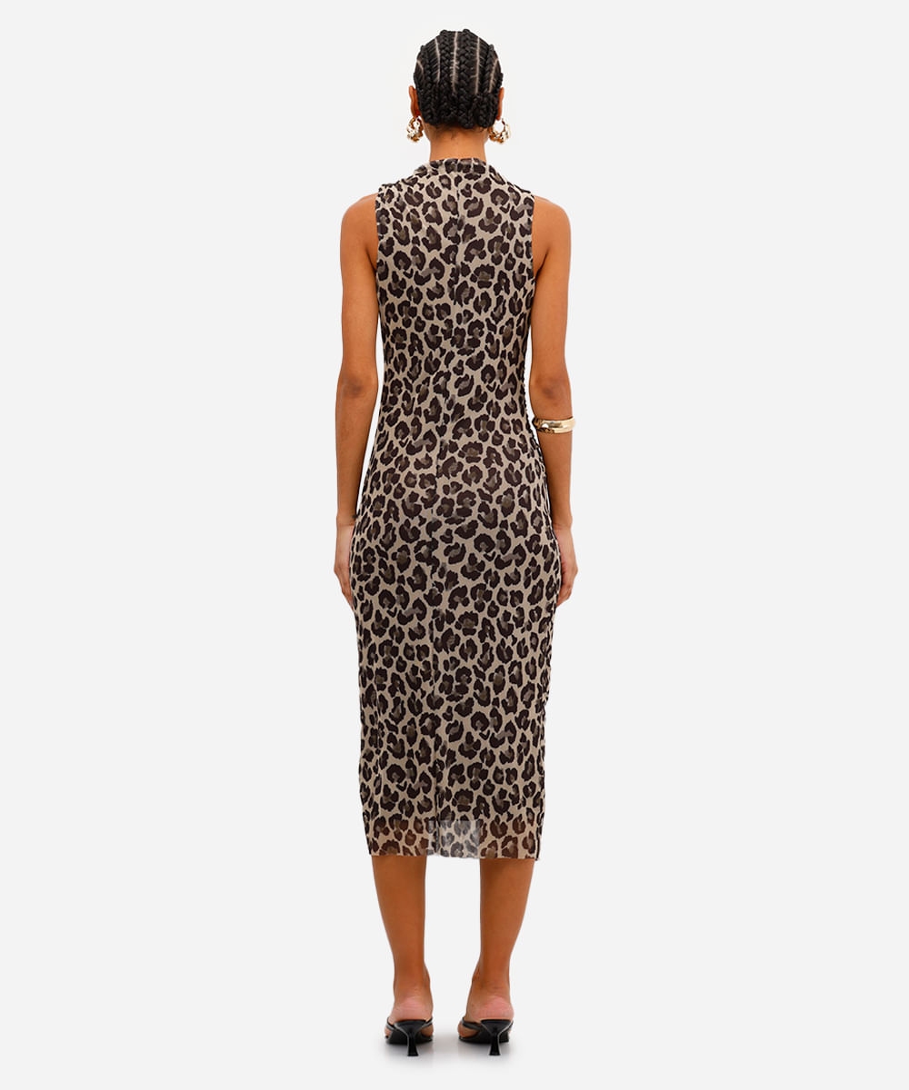 vestido midi feminino de tule animal print franzido bege