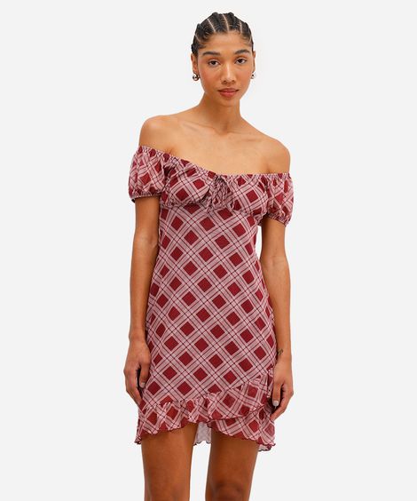 vestido feminino de tule com babados xadrez vinho