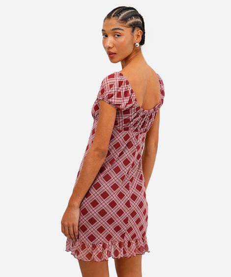 vestido feminino de tule com babados xadrez vinho