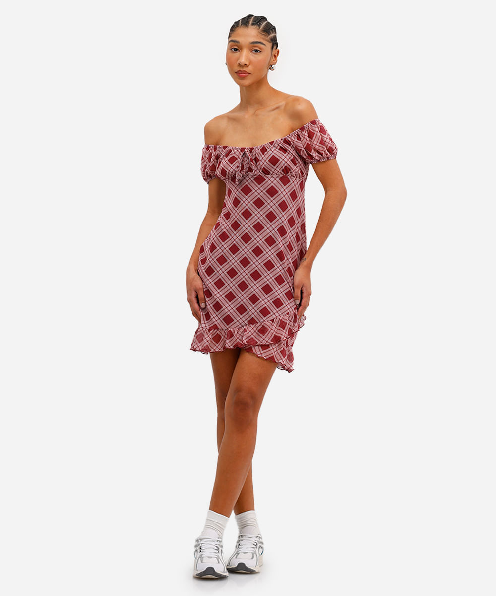 vestido feminino de tule com babados xadrez vinho