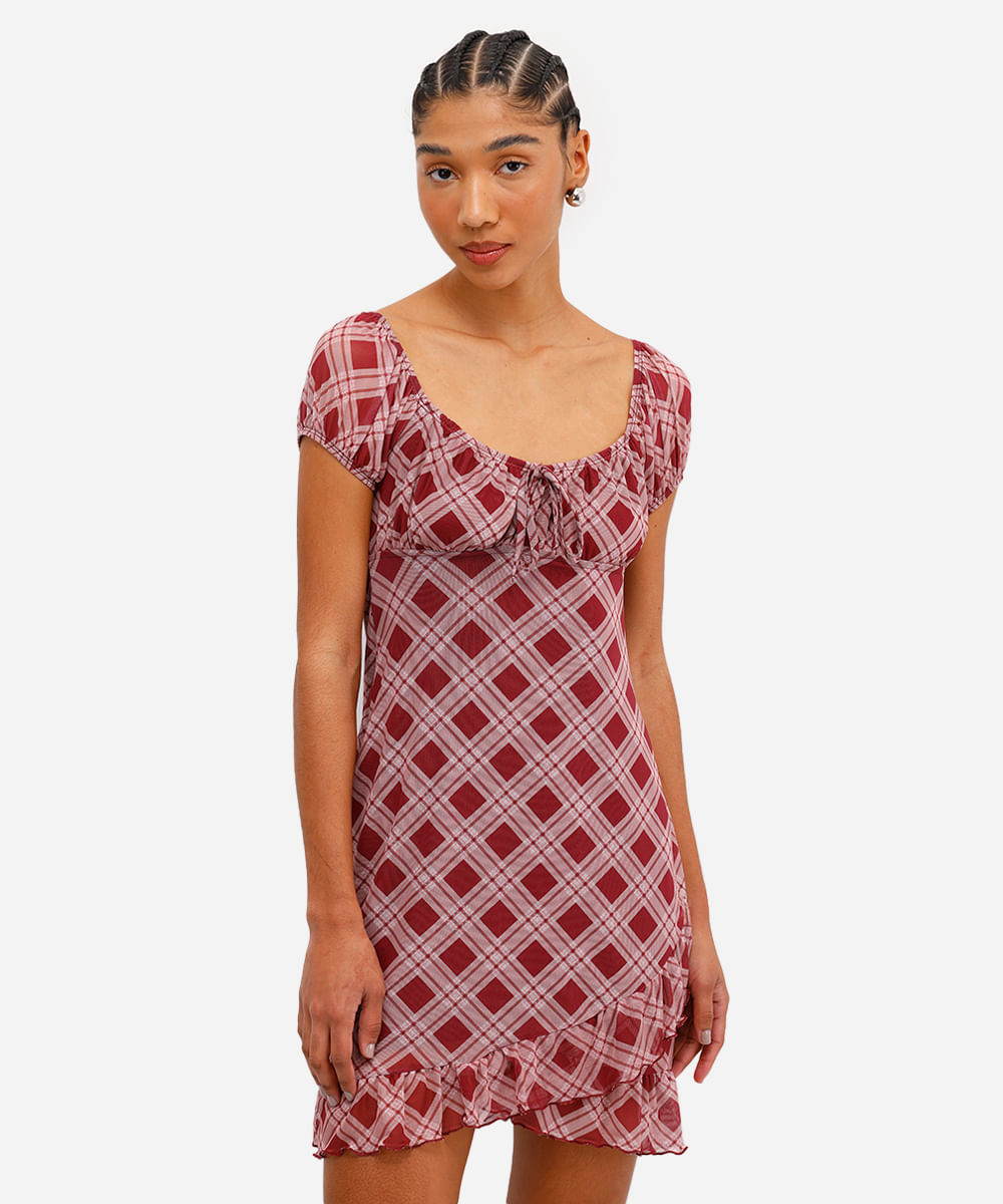 vestido feminino de tule com babados xadrez vinho