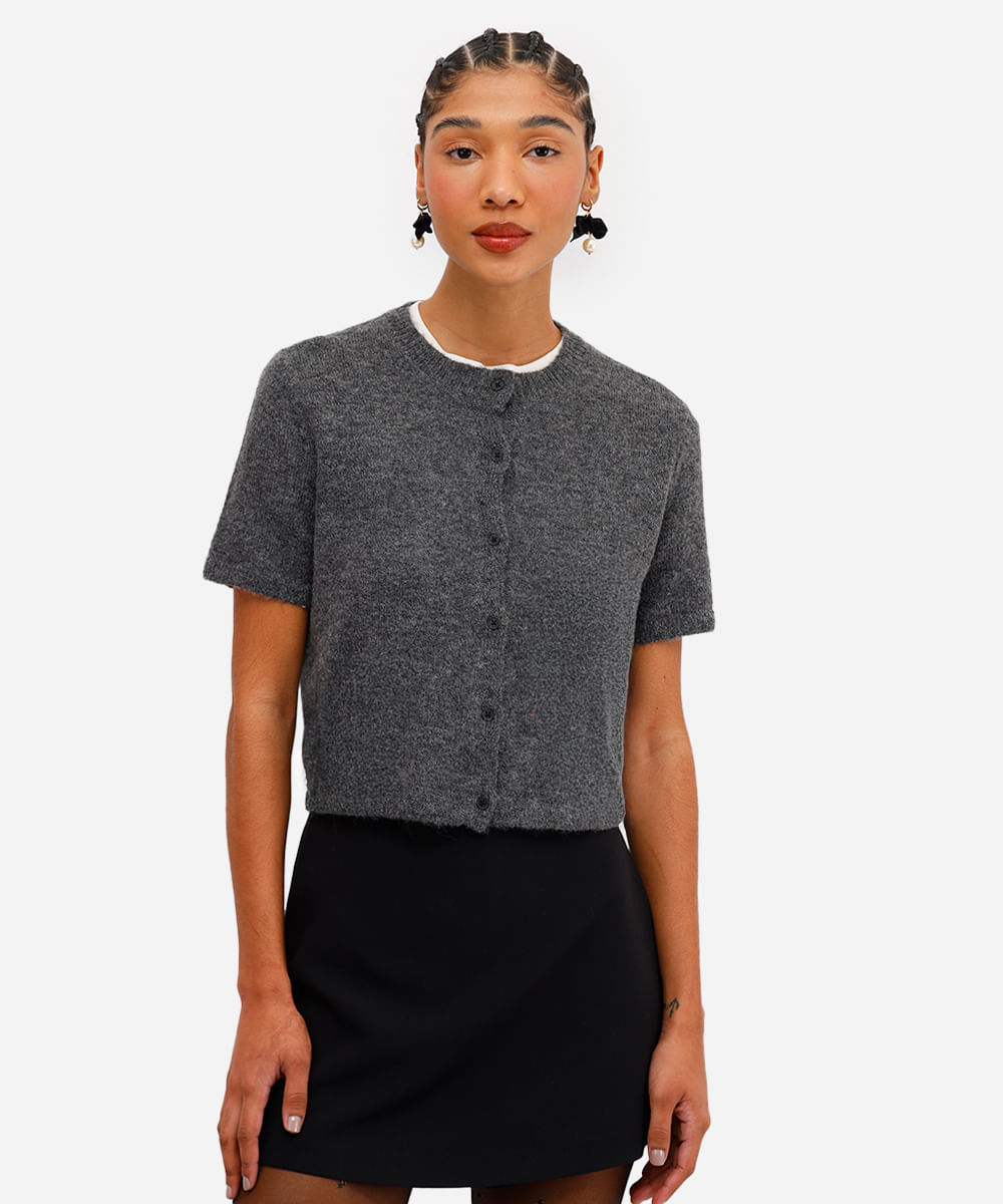 blusa feminina de tricot com botões cinza