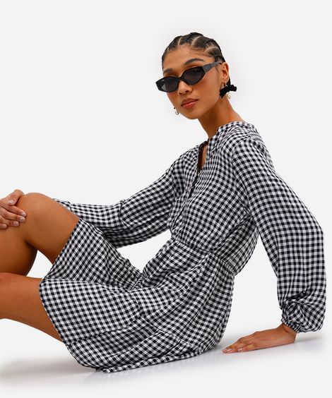 vestido curto feminino de viscose xadrez preto