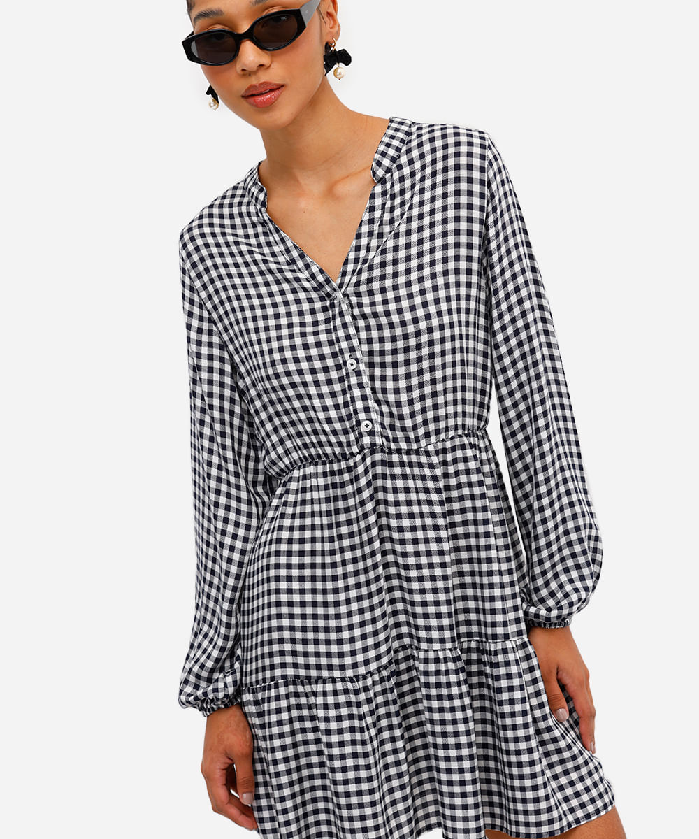 vestido curto feminino de viscose xadrez preto