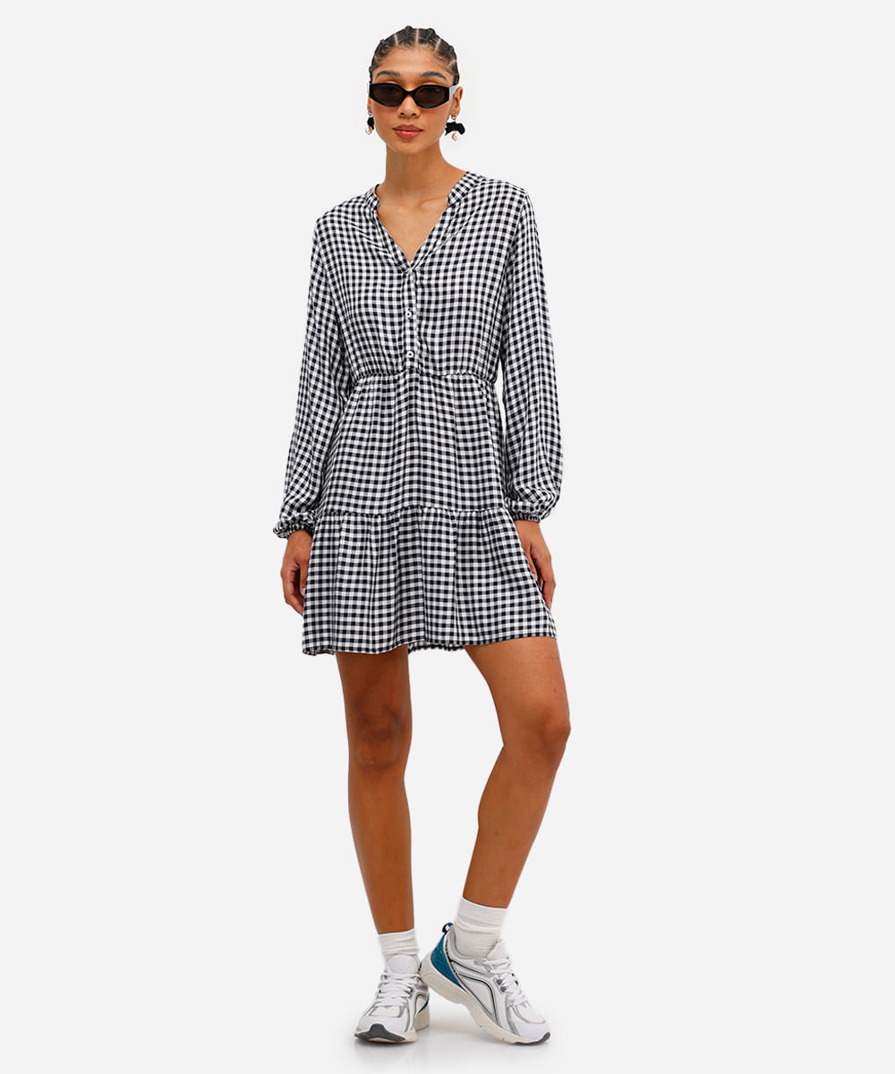 vestido curto feminino de viscose xadrez preto