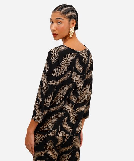 blusa feminina de jacquard decote v folhagens preta