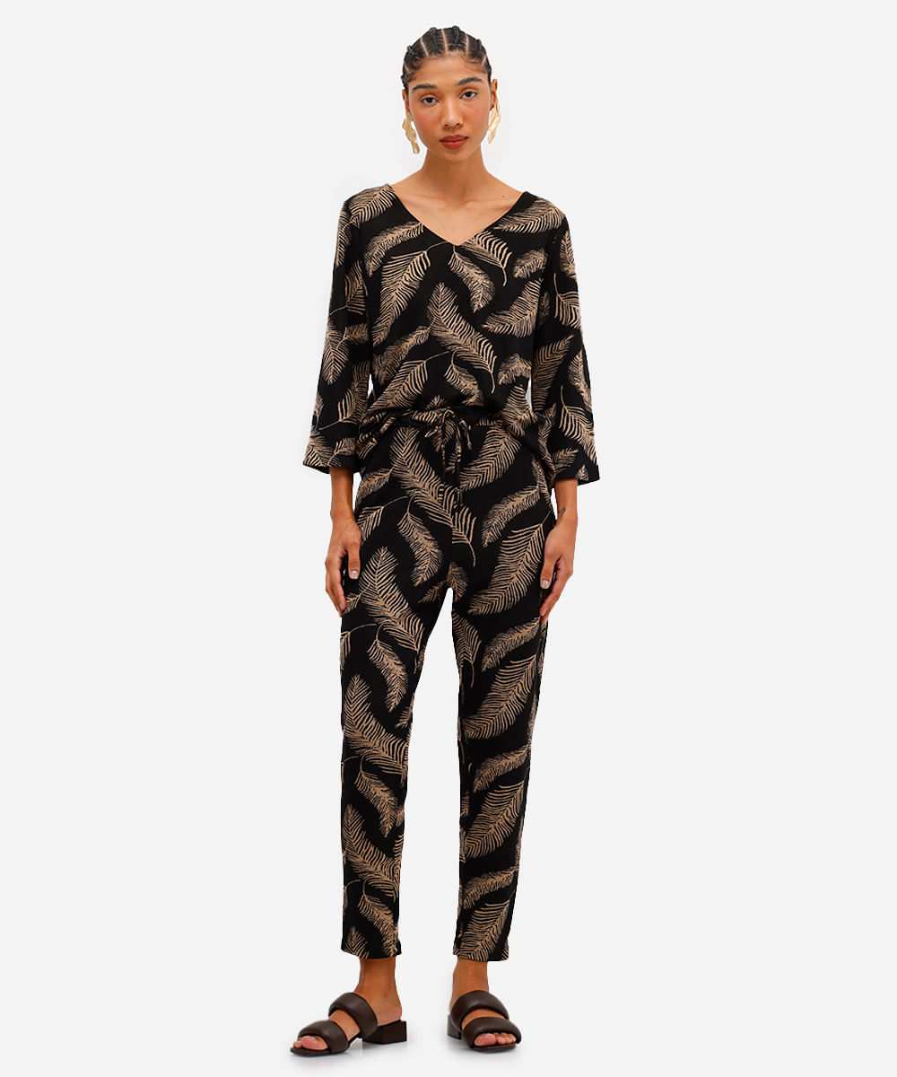 blusa feminina de jacquard decote v folhagens preta