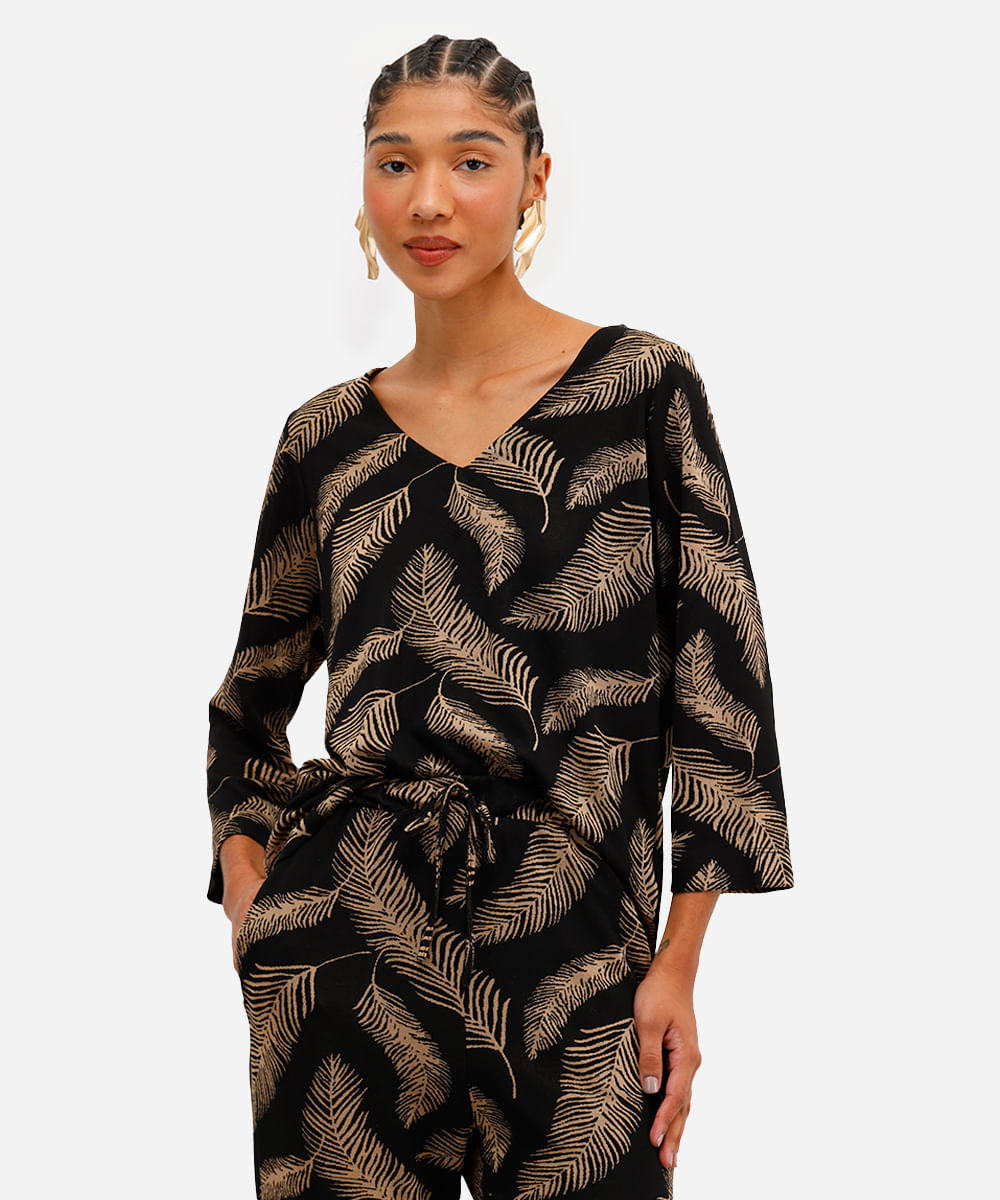 blusa feminina de jacquard decote v folhagens preta