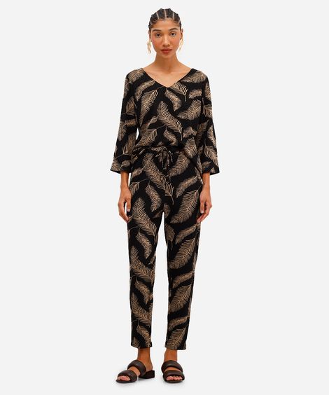 calça feminina de jacquard folhagens preta