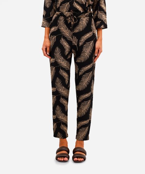 calça feminina de jacquard folhagens preta