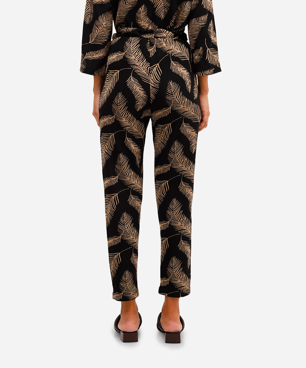 calça feminina de jacquard folhagens preta