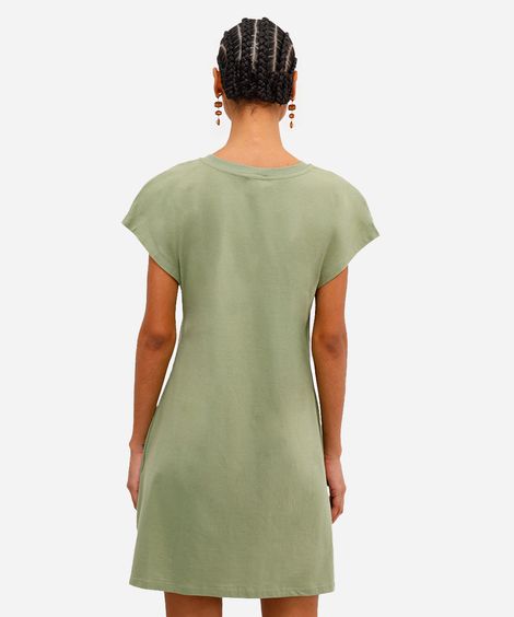 vestido curto básico manga curta areia - verde mate