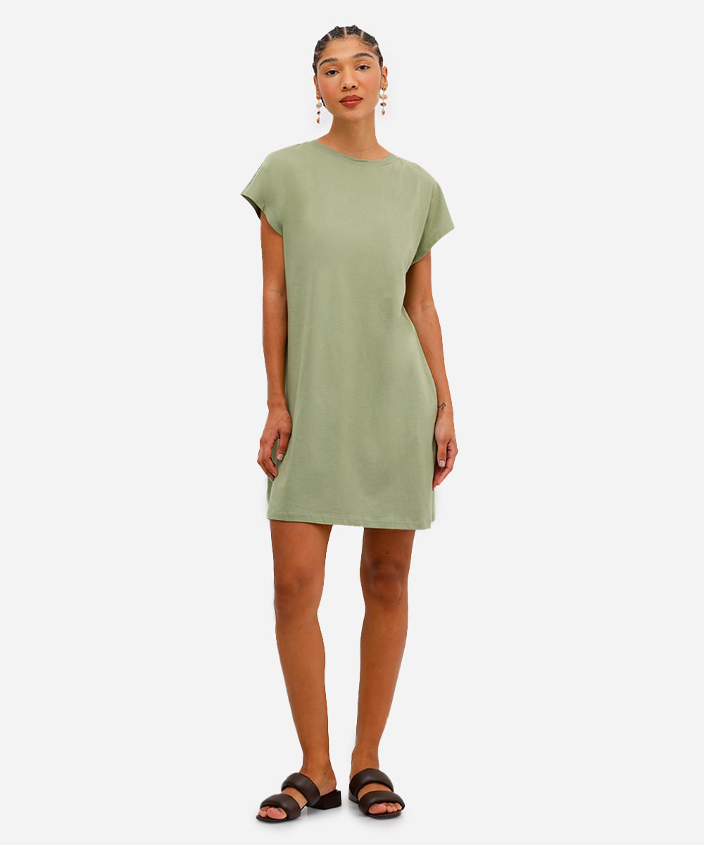 vestido curto básico manga curta areia - verde mate
